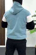 Erkek Slim Fit Renk Bloklu Kapüşonlu Sweatshirt Açık Mavi Edw438