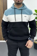 Erkek Slim Fit Renk Bloklu Kapüşonlu Sweatshirt Açık Mavi Edw438