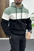 Erkek Slim Fit Renk Bloklu Kapüşonlu Sweatshirt Açık Yeşil Edw438