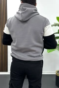 Erkek Slim Fit Renk Bloklu Kapüşonlu Sweatshirt Füme Edw438
