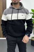 Erkek Slim Fit Renk Bloklu Kapüşonlu Sweatshirt Füme Edw438