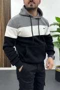 Erkek Slim Fit Renk Bloklu Kapüşonlu Sweatshirt Füme Edw438