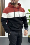 Erkek Slim Fit Renk Bloklu Kapüşonlu Sweatshirt Kırmızı Edw438