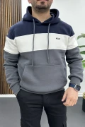 Erkek Slim Fit Renk Bloklu Kapüşonlu Sweatshirt Lacivert Edw438