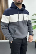 Erkek Slim Fit Renk Bloklu Kapüşonlu Sweatshirt Lacivert Edw438