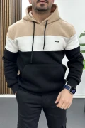 Erkek Slim Fit Renk Bloklu Kapüşonlu Sweatshirt Vizon Edw438