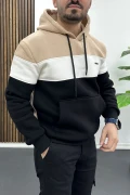 Erkek Slim Fit Renk Bloklu Kapüşonlu Sweatshirt Vizon Edw438