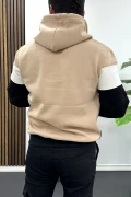 Erkek Slim Fit Renk Bloklu Kapüşonlu Sweatshirt Vizon Edw438