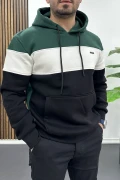 Erkek Slim Fit Renk Bloklu Kapüşonlu Sweatshirt Yeşil Edw438