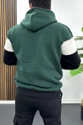 Erkek Slim Fit Renk Bloklu Kapüşonlu Sweatshirt Yeşil Edw438