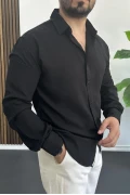Erkek Viskon Kumaş Uzun Kollu Gömlek Siyah Edw391