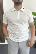 Erkek Yakası ve Kolu Nakış Detaylı Polo Yaka Fermuarlı Tişört Beyaz Edw392