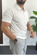 Erkek Yakası ve Kolu Nakış Detaylı Polo Yaka Fermuarlı Tişört Beyaz Edw392