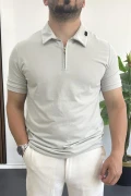 Erkek Yakası ve Kolu Nakış Detaylı Polo Yaka Fermuarlı Tişört Gri Edw392