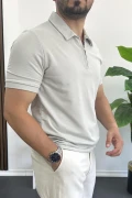 Erkek Yakası ve Kolu Nakış Detaylı Polo Yaka Fermuarlı Tişört Gri Edw392