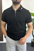 Erkek Yakası ve Kolu Nakış Detaylı Polo Yaka Fermuarlı Tişört Siyah Edw392