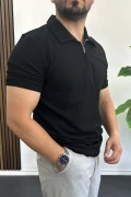 Erkek Yakası ve Kolu Nakış Detaylı Polo Yaka Fermuarlı Tişört Siyah Edw392