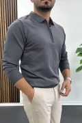 Erkek Yarım Fermuarlı Düz Desen Polo Yaka Kazak Antrasit Edw424