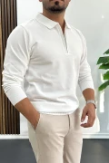 Erkek Yarım Fermuarlı Düz Desen Polo Yaka Kazak Beyaz Edw424