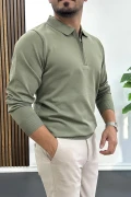 Erkek Yarım Fermuarlı Düz Desen Polo Yaka Kazak Haki Edw424