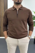 Erkek Yarım Fermuarlı Düz Desen Polo Yaka Kazak Kahverengi Edw424