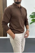 Erkek Yarım Fermuarlı Düz Desen Polo Yaka Kazak Kahverengi Edw424