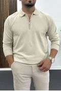 Erkek Yarım Fermuarlı Düz Desen Polo Yaka Kazak Krem Edw424