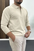 Erkek Yarım Fermuarlı Düz Desen Polo Yaka Kazak Krem Edw424