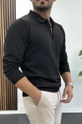 Erkek Yarım Fermuarlı Düz Desen Polo Yaka Kazak Siyah Edw424
