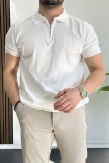 Erkek Yarım Fermuarlı Polo Yaka Tişört Beyaz Edw257