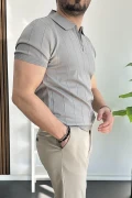 Erkek Yarım Fermuarlı Polo Yaka Tişört Gri Edw257