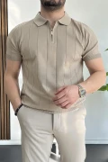 Erkek Yarım Fermuarlı Polo Yaka Tişört Vizon Edw257