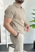 Erkek Yarım Fermuarlı Polo Yaka Tişört Vizon Edw257