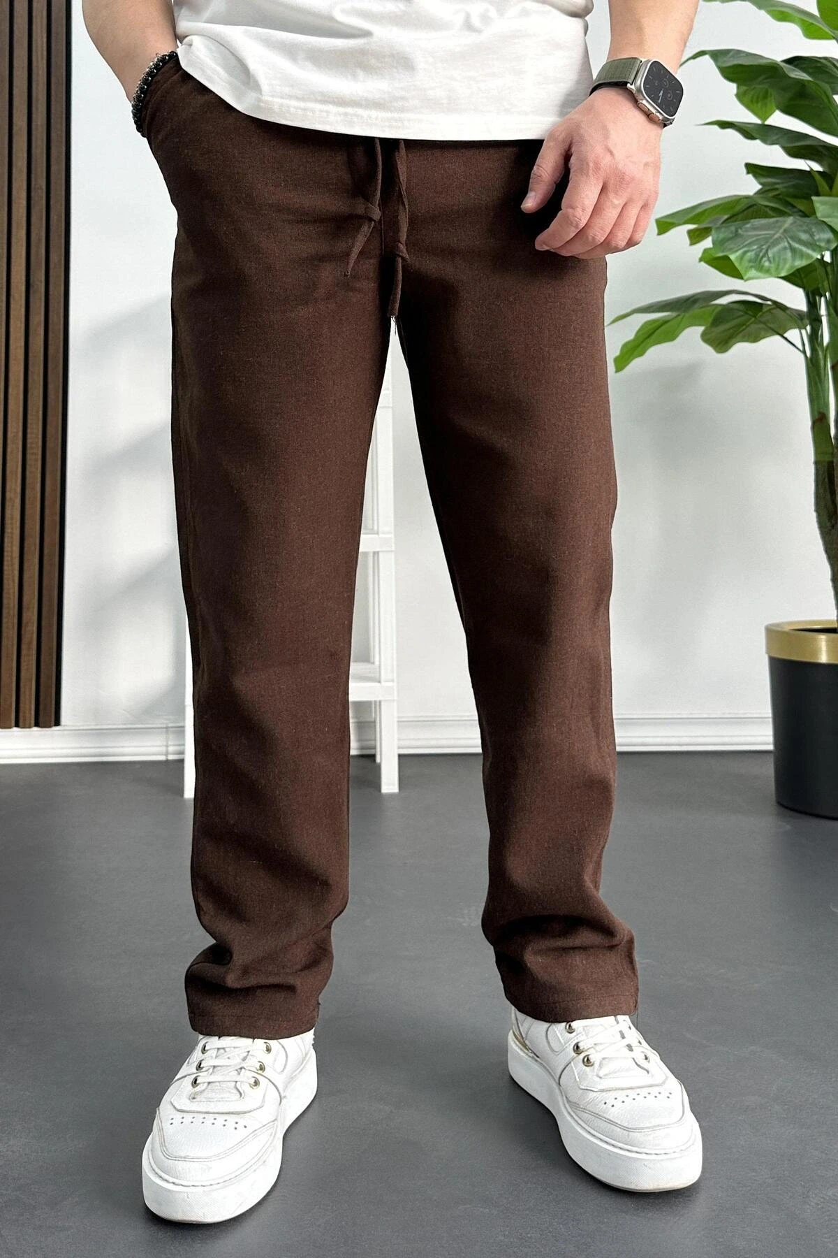 Erkek Rahat Kesim Keten Pantolon Kahverengi Edw138