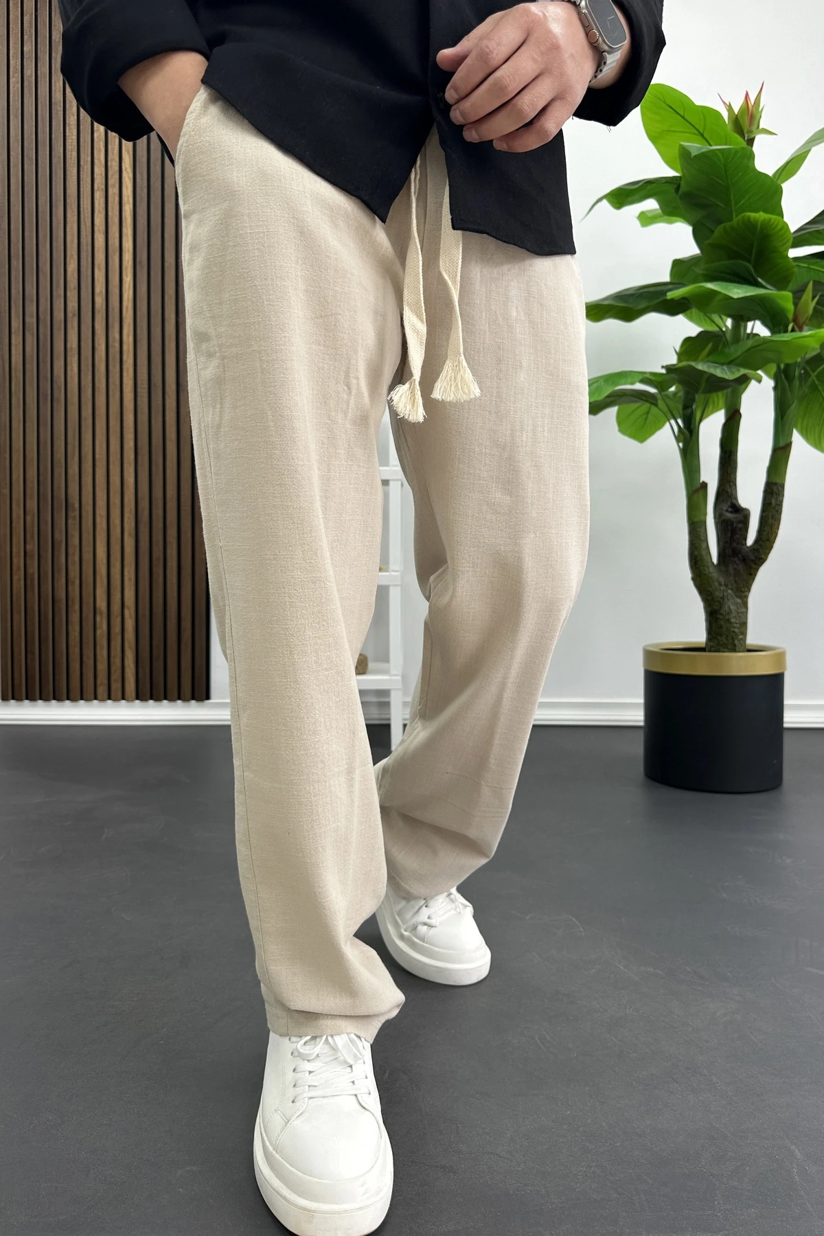 Erkek Pamuklu Keten Görünümlü Pantolon Bej Edw443