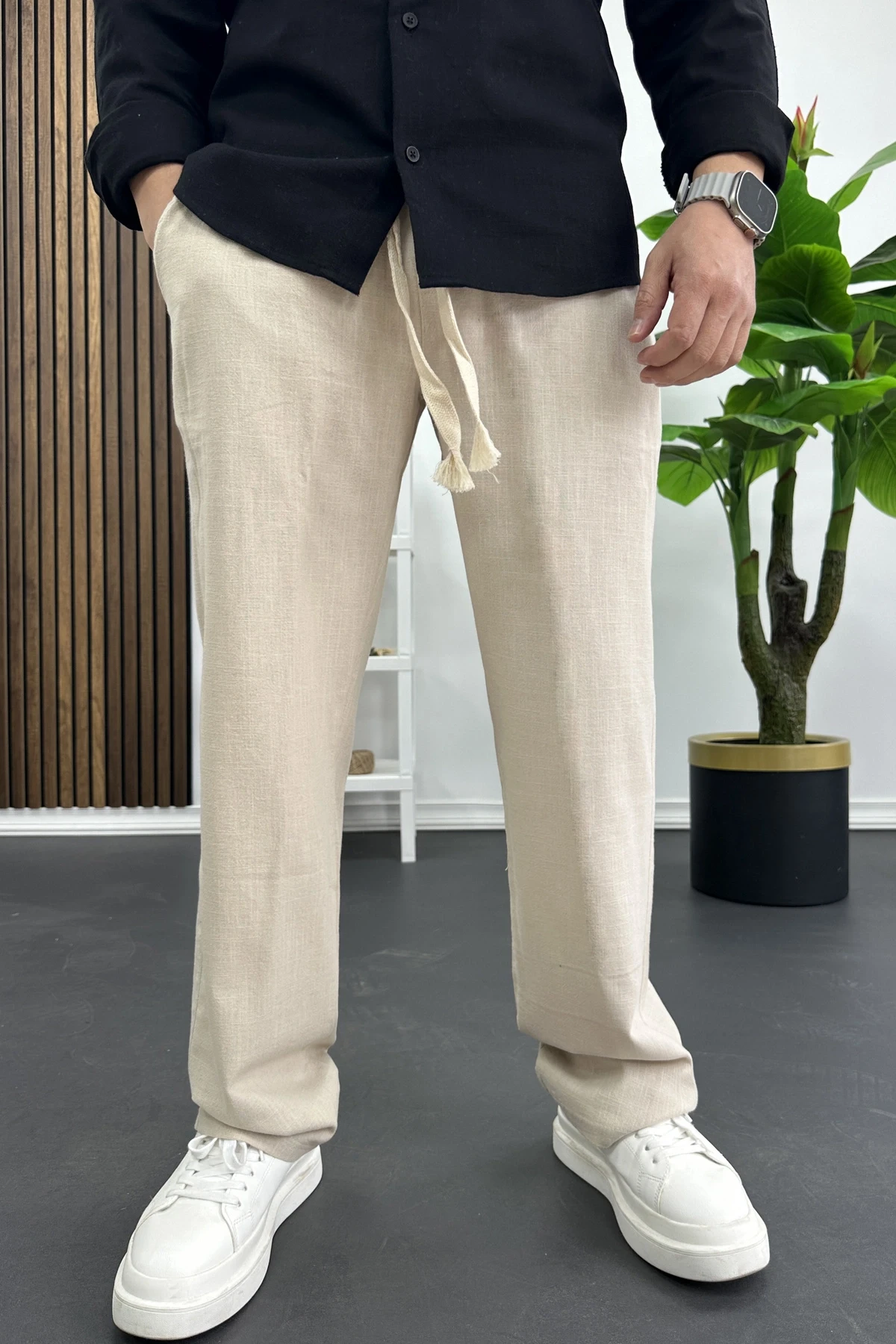 Erkek Pamuklu Keten Görünümlü Pantolon Bej Edw443