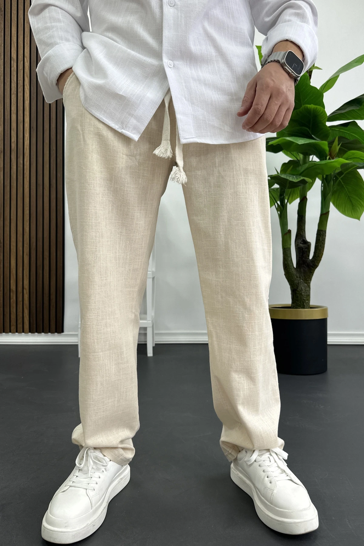 Erkek Pamuklu Keten Görünümlü Pantolon Krem Edw443