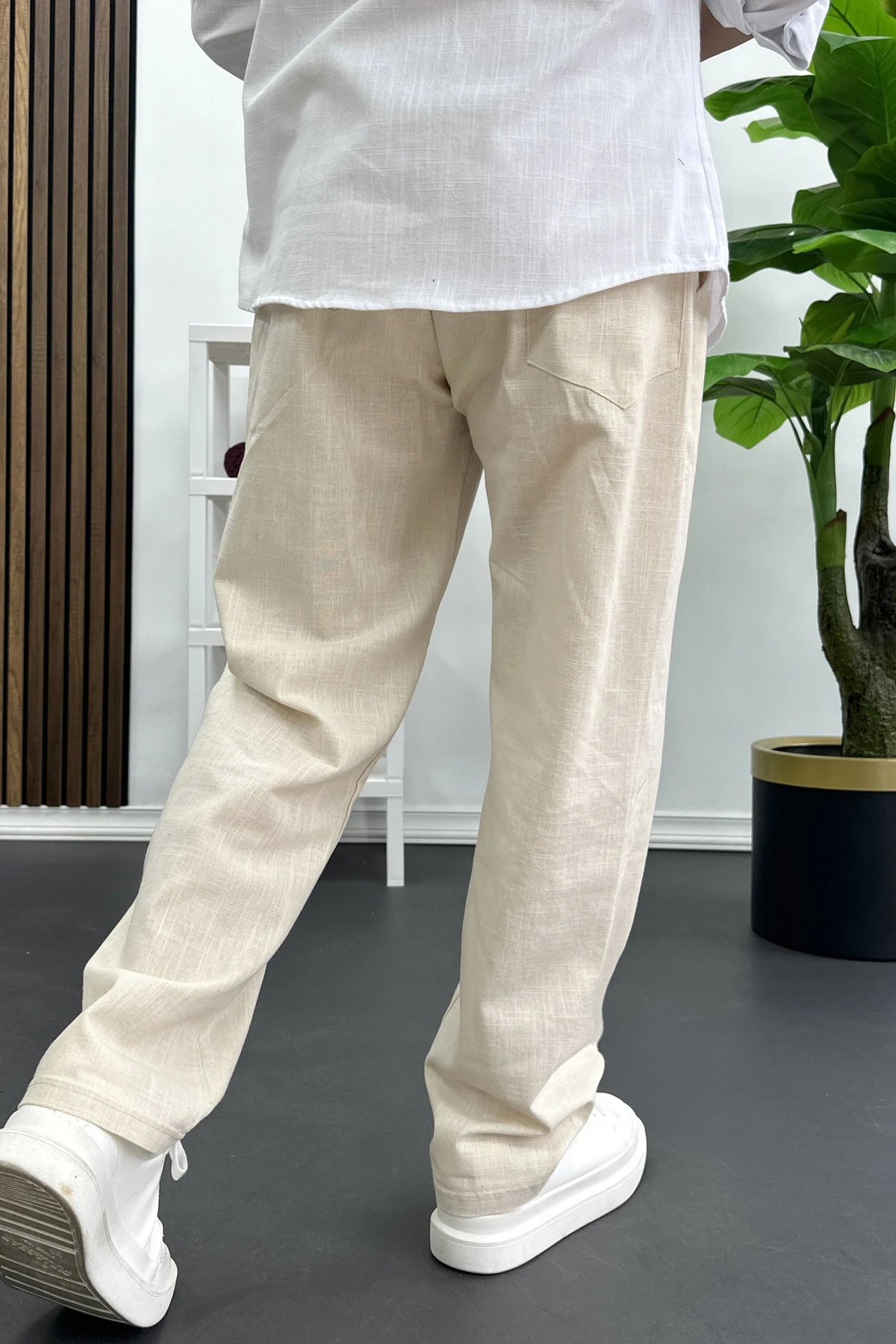 Erkek Pamuklu Keten Görünümlü Pantolon Krem Edw443
