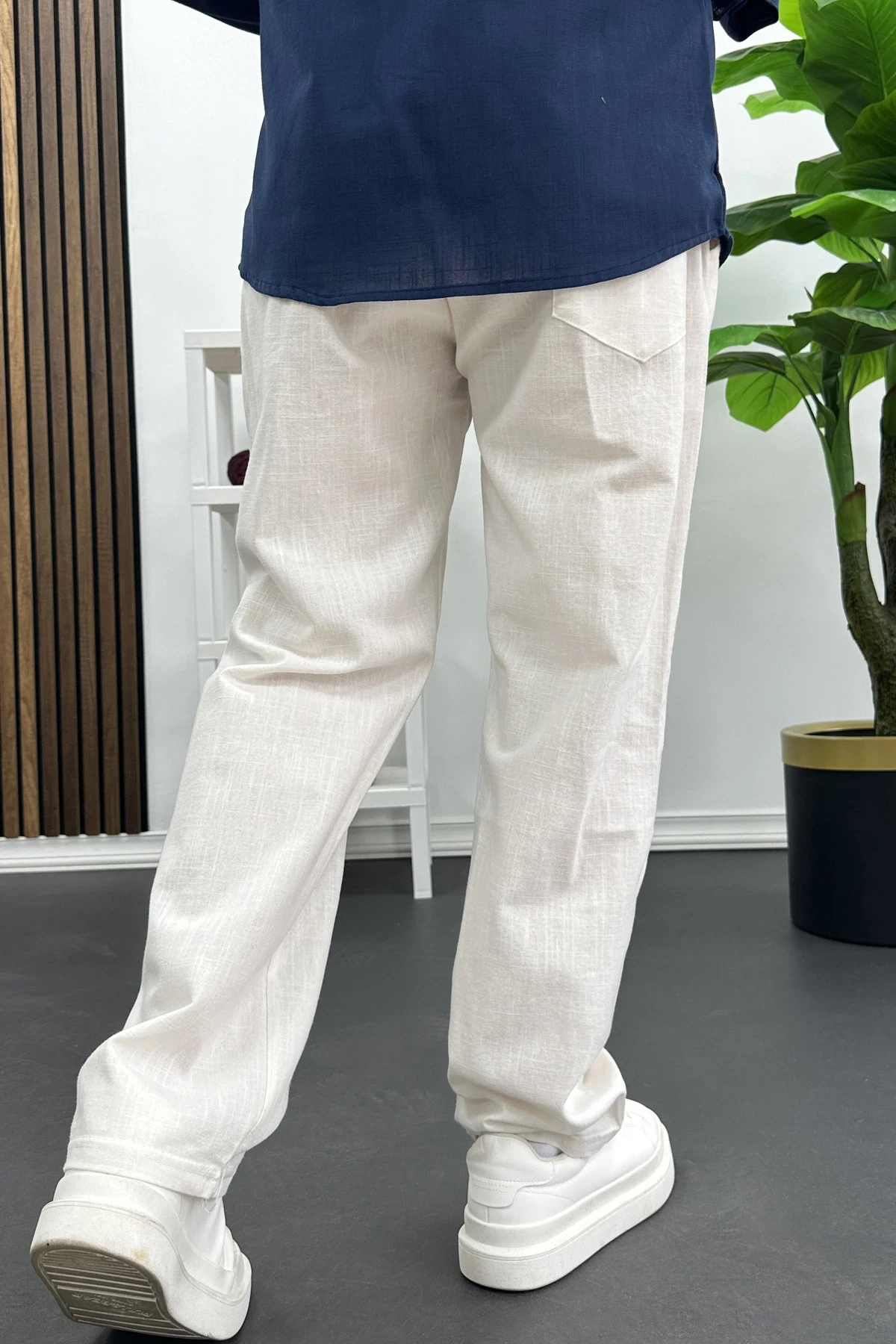 Erkek Pamuklu Keten Görünümlü Pantolon Kırık Beyaz Edw443