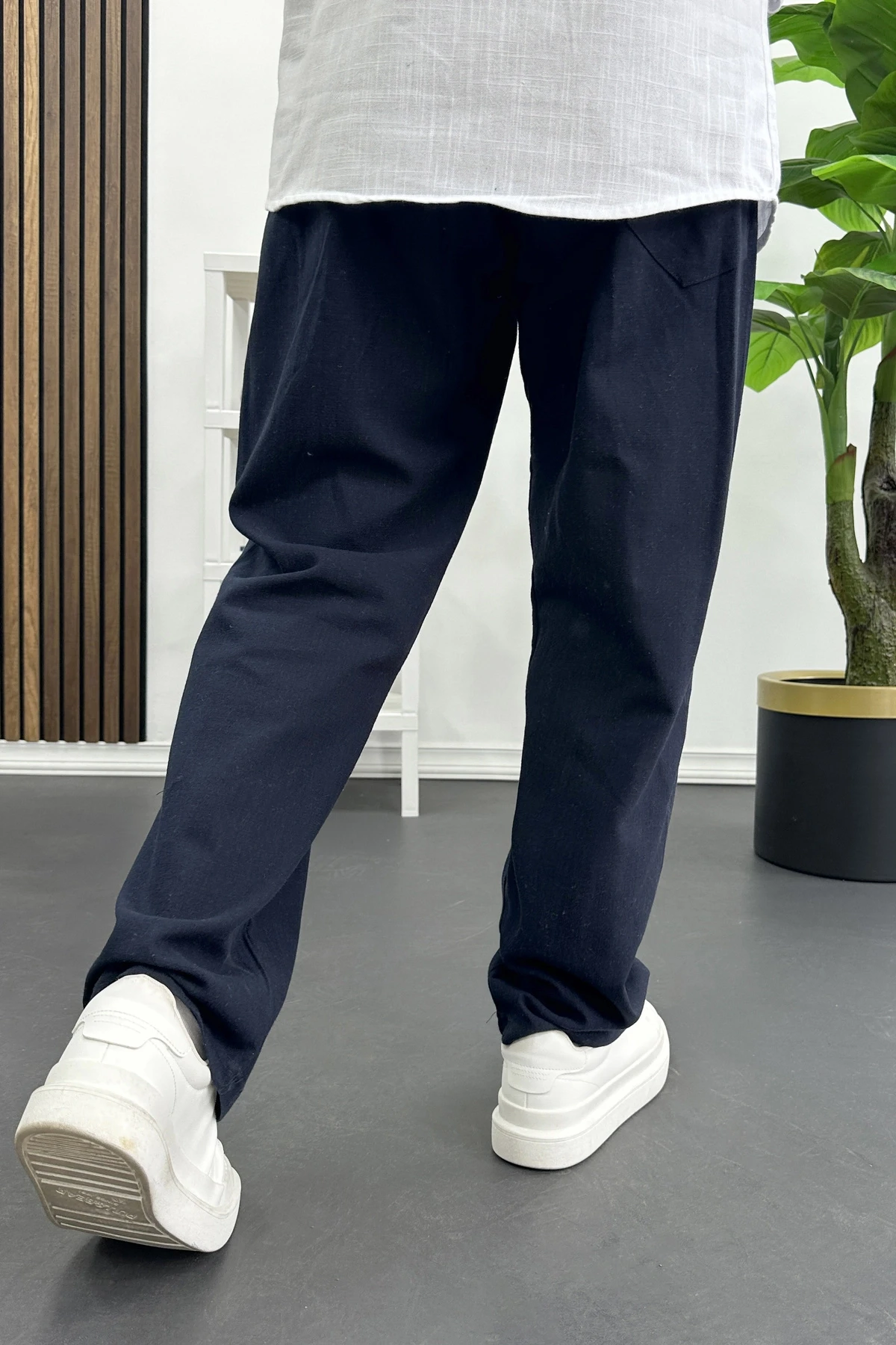 Erkek Pamuklu Keten Görünümlü Pantolon Lacivert Edw443