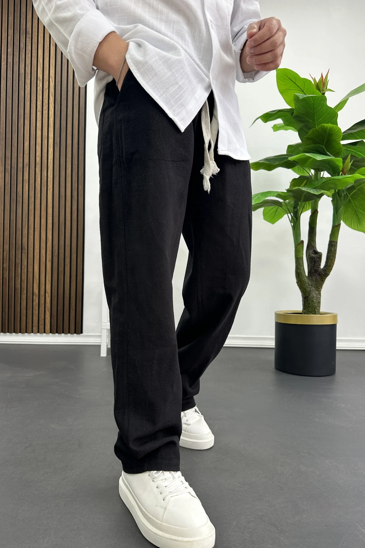 Erkek Pamuklu Keten Görünümlü Pantolon Siyah Edw443