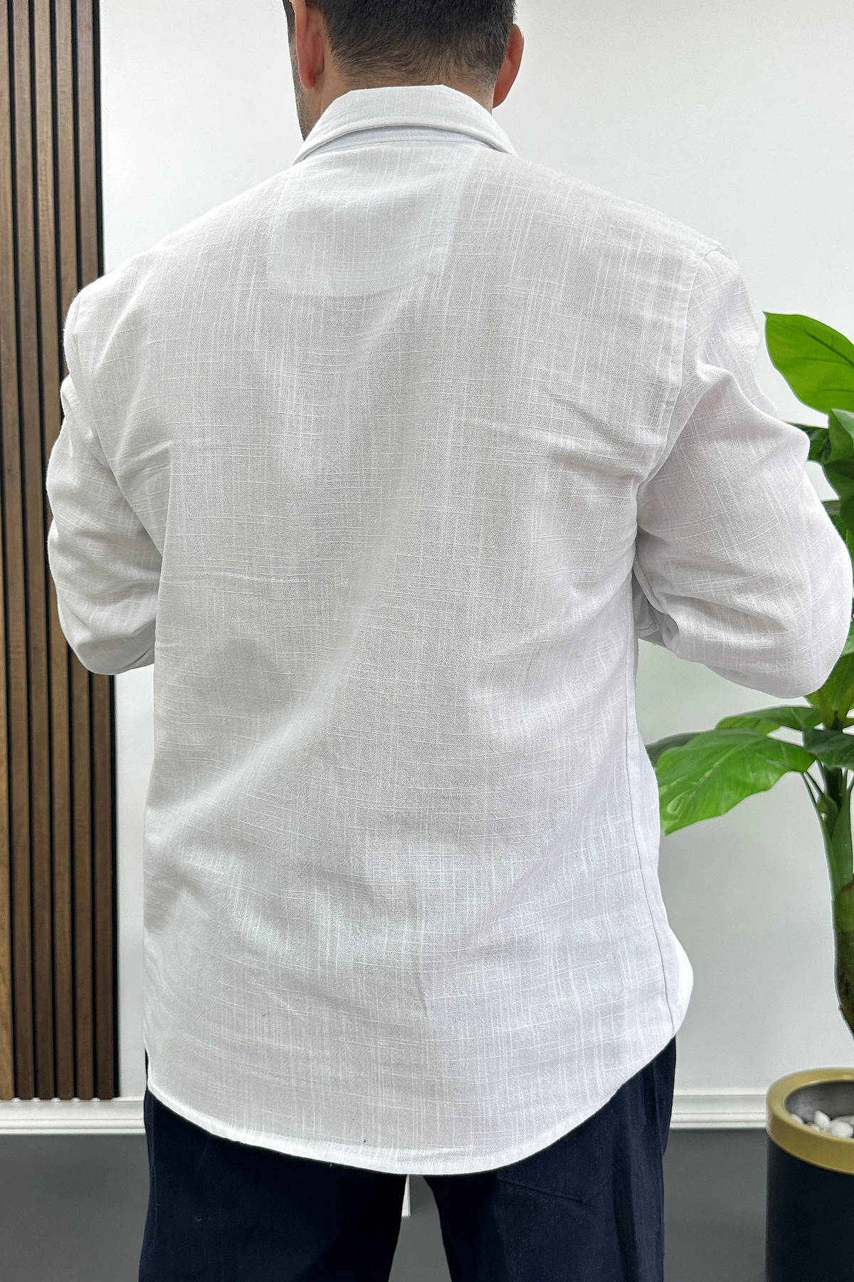 Erkek Pamuklu Keten Görünümlü Gömlek Beyaz Edw444