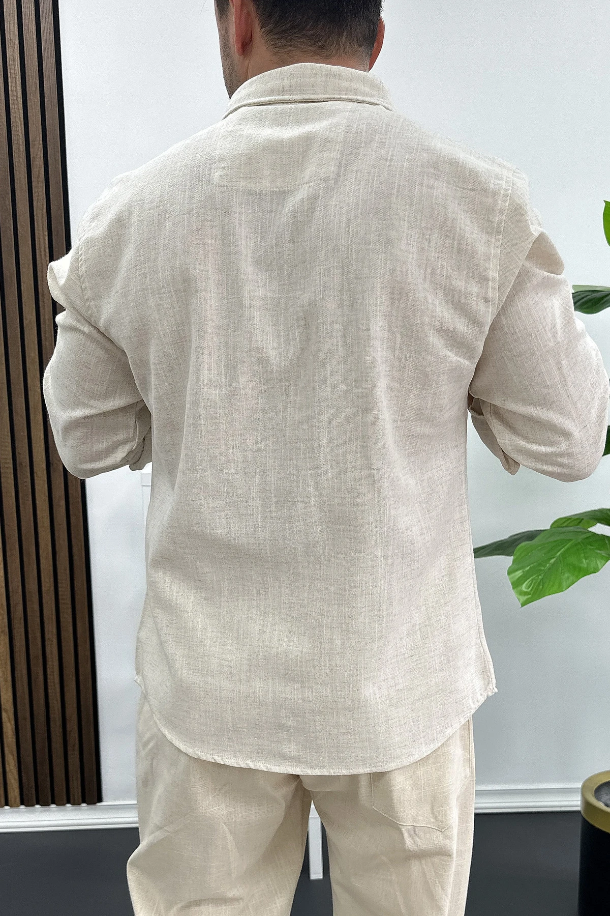 Erkek Pamuklu Keten Görünümlü Gömlek Bej Edw444