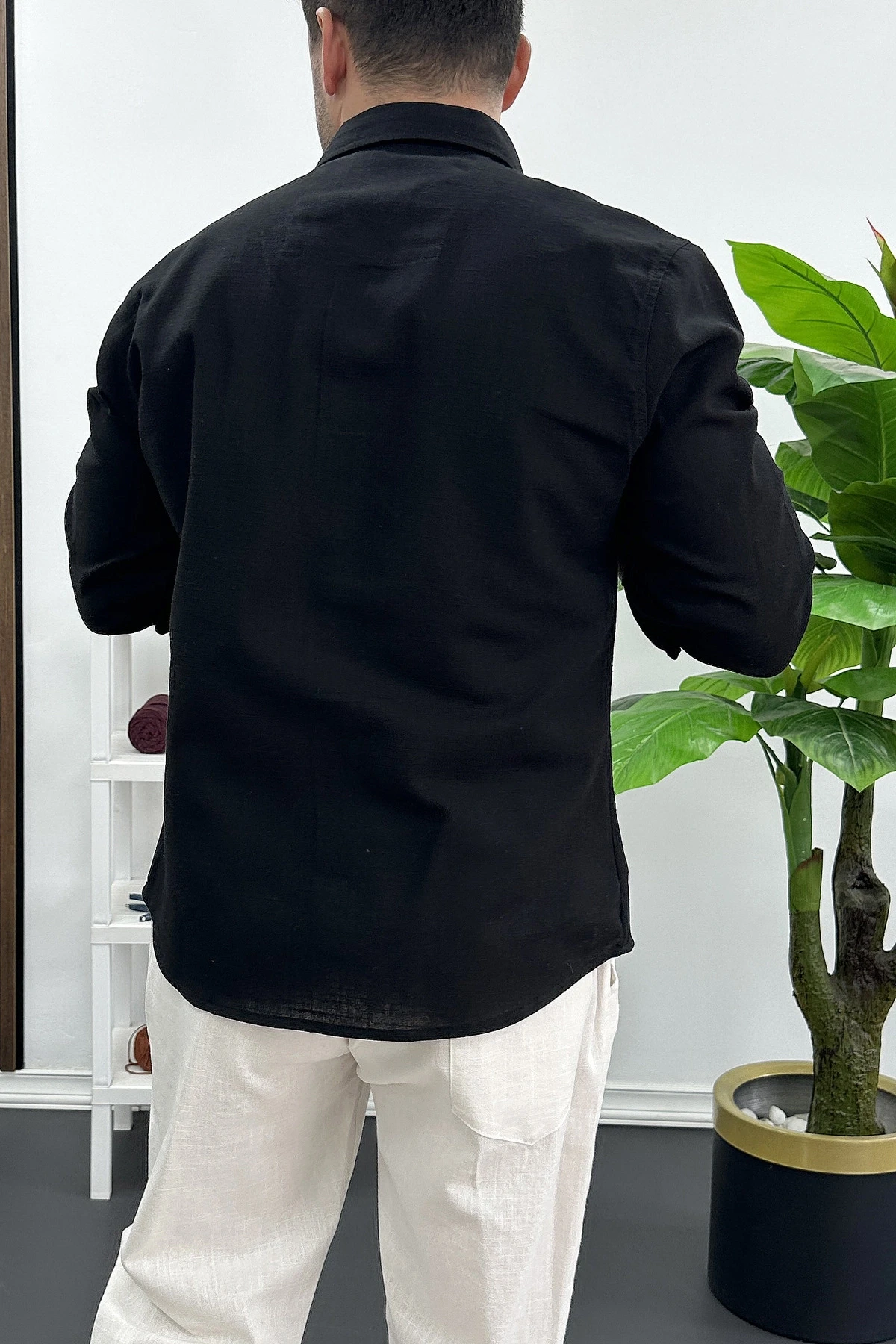 Erkek Pamuklu Keten Görünümlü Gömlek Siyah Edw444