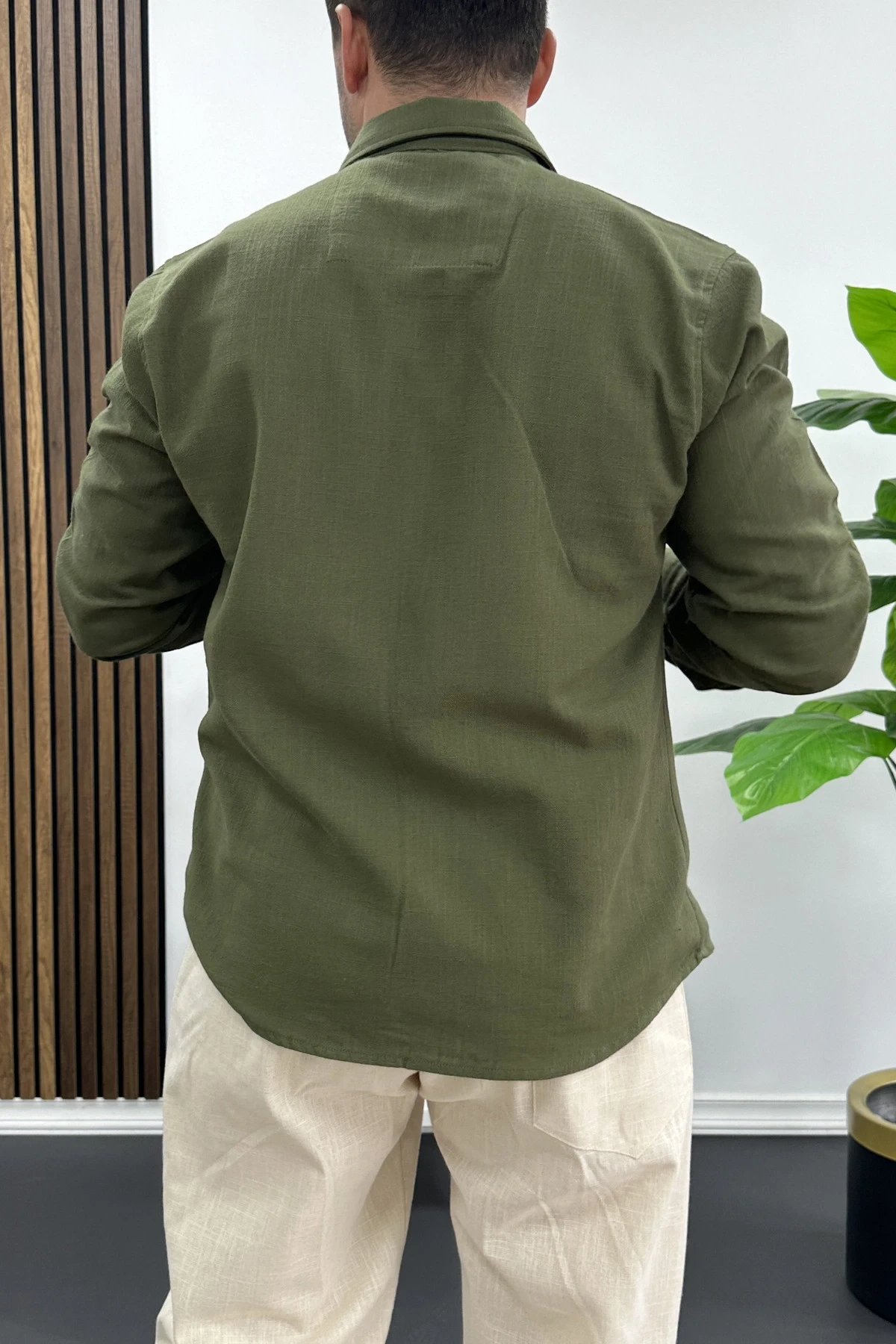 Erkek Pamuklu Keten Görünümlü Gömlek Yeşil Edw444