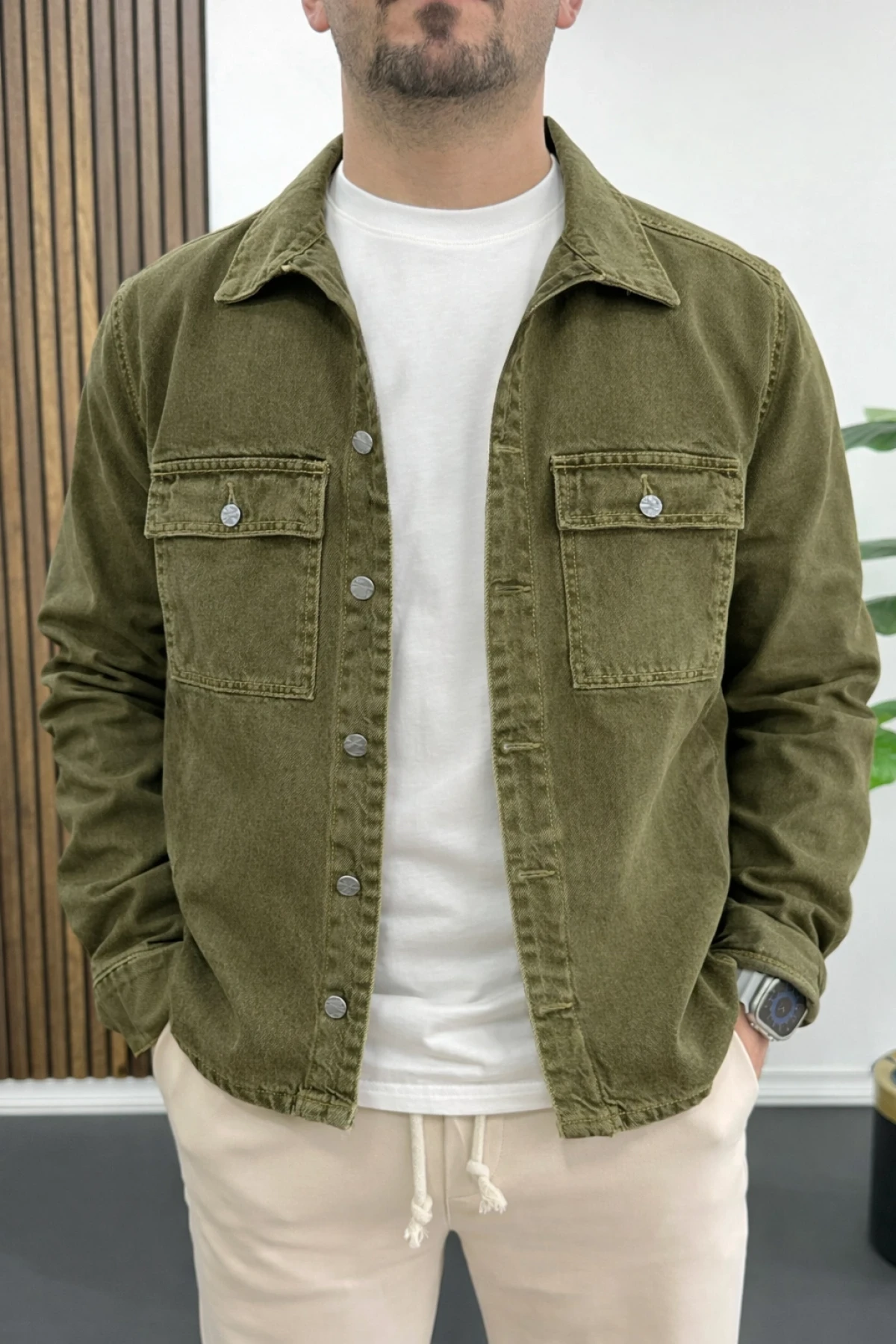 Erkek Oversize Denim Kot Gömlek Ceket Haki Edw397