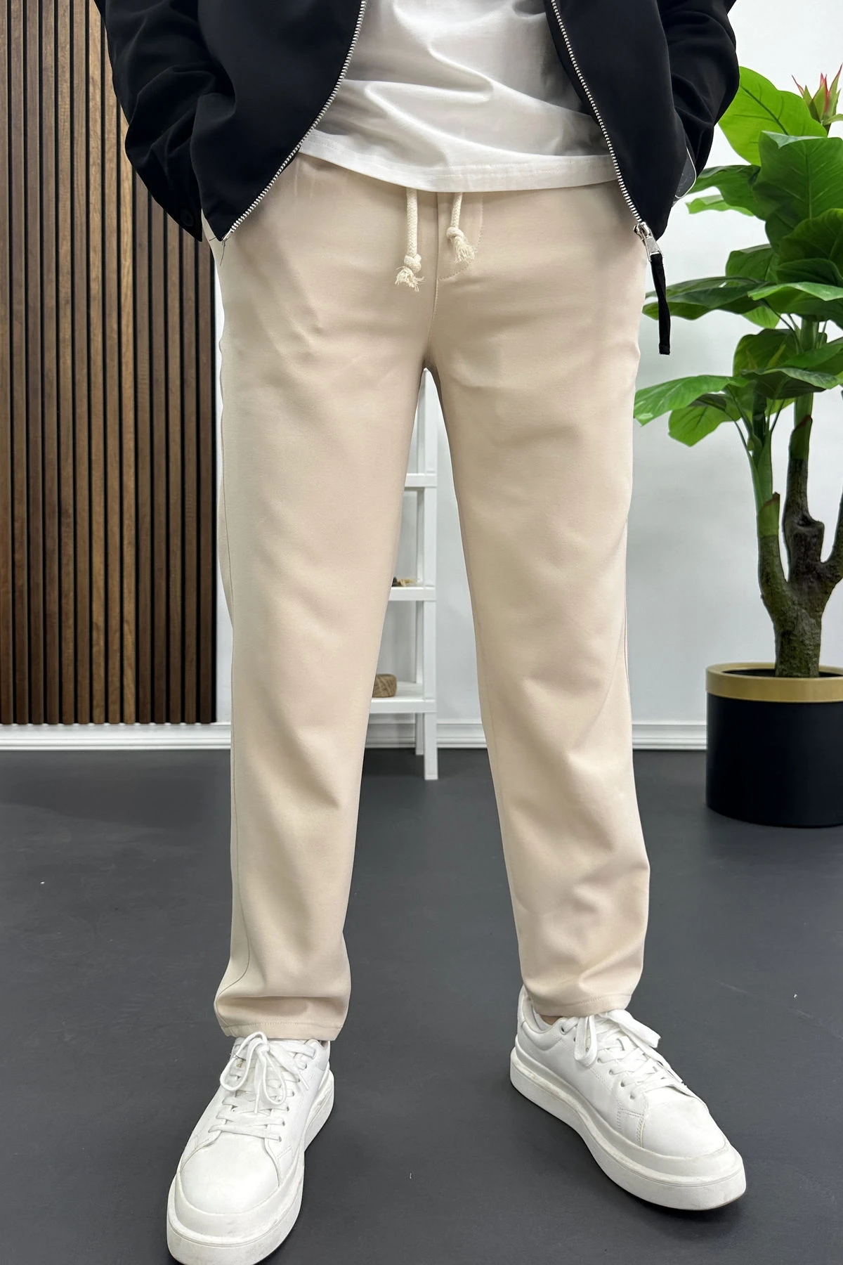 Erkek Düz Jogger Pantolon Krem Edw451