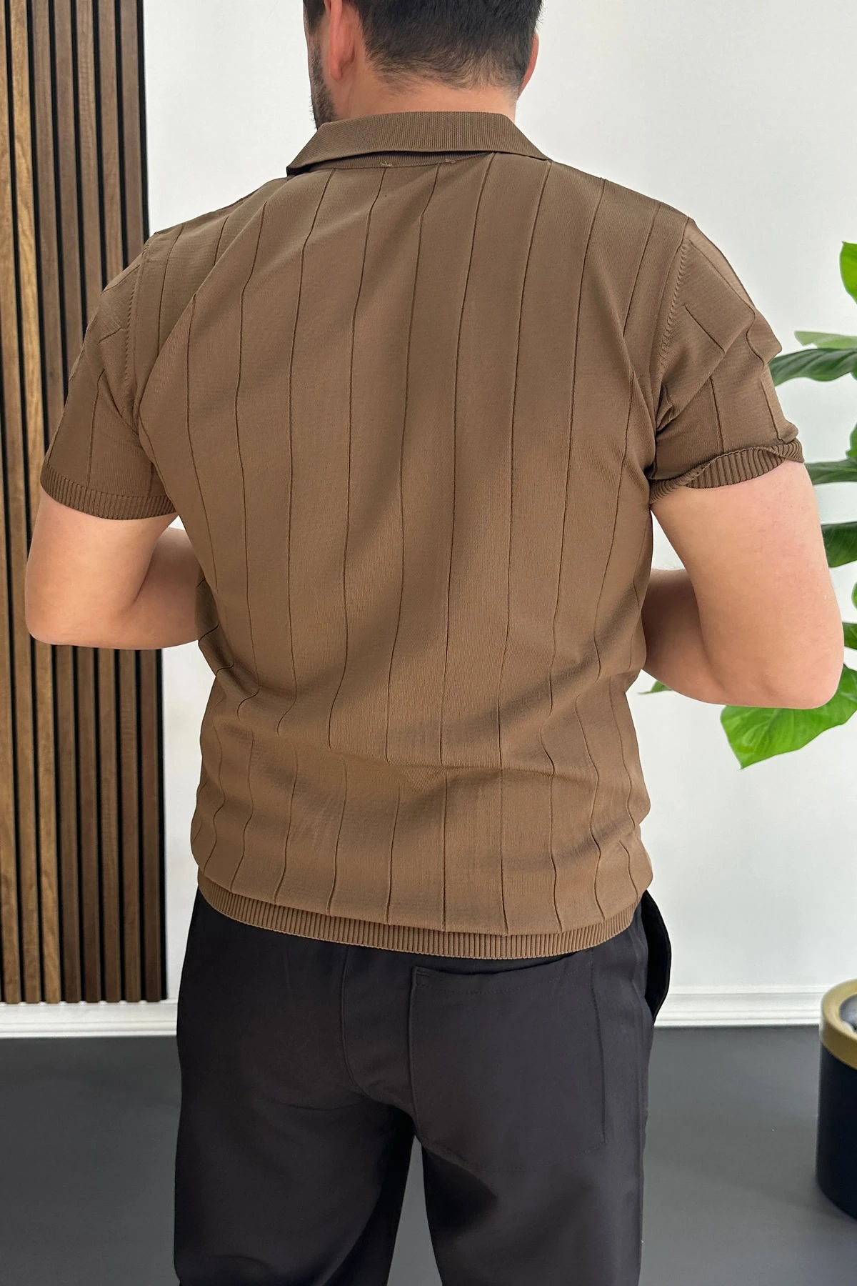 Erkek Slim Fit Fermuarlı Polo Yaka Tişört Açık Kahve Edw452