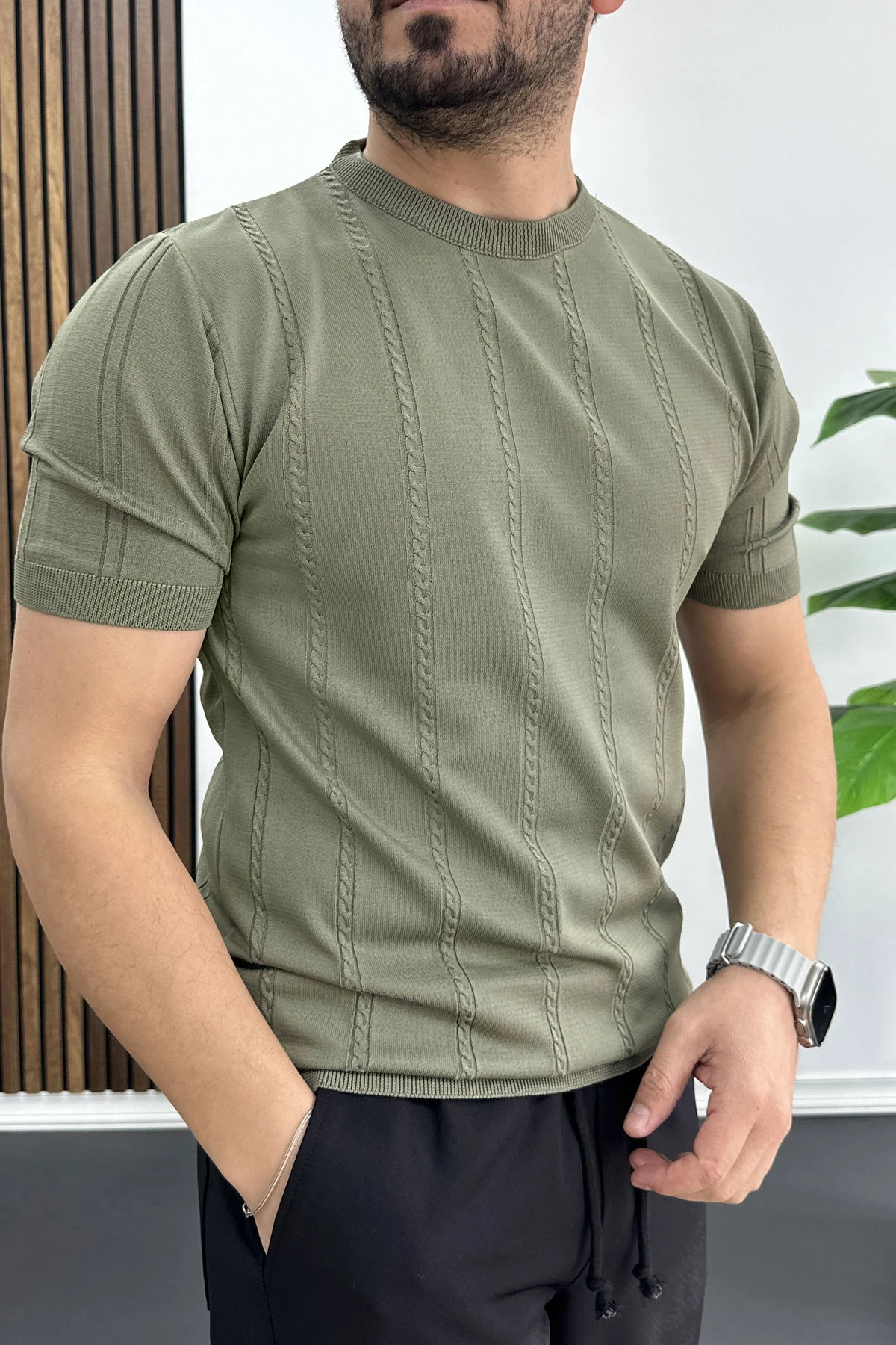 Erkek Bisiklet Yaka Desenli Tişört Açık Yeşil Edw454