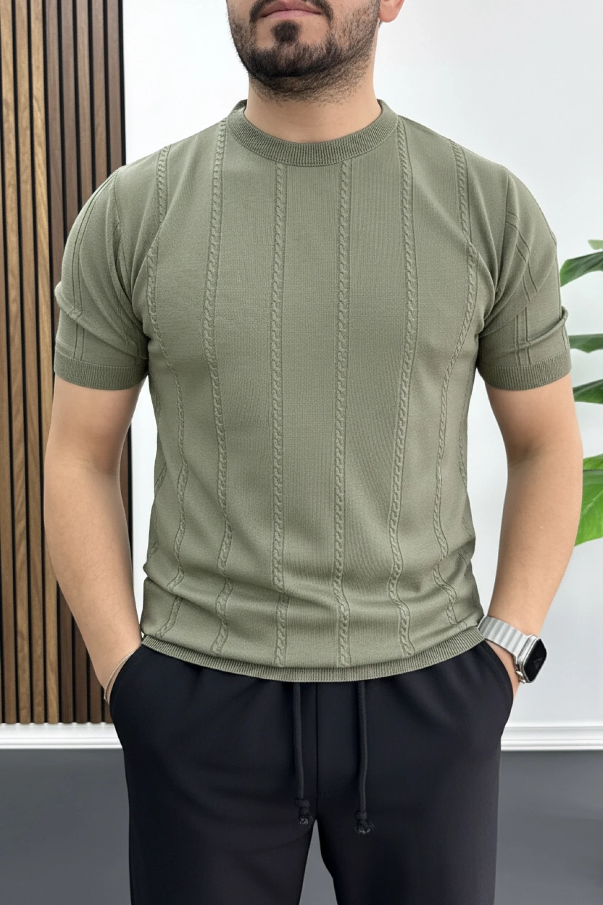 Erkek Bisiklet Yaka Desenli Tişört Açık Yeşil Edw454